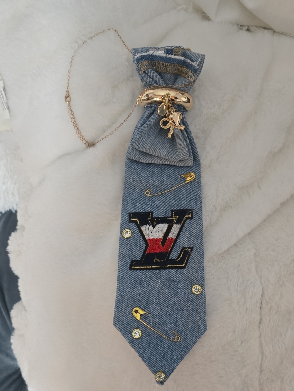 Denim Tie with Gold-Tone Charm Details